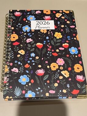2026 Floral Spiral-Bound Planner - Black with Multicolor Flowers